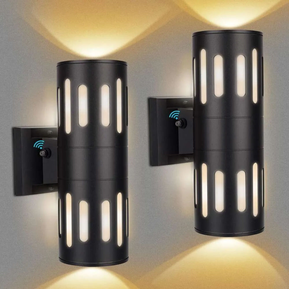 HENOSEHT Outside Up and Down Sconce 2 Pack, Dusk to Dawn Aluminum Cylinder Lights Fixtures, E26 Base Waterproof Wall Lamps for Porch Patio Door,matte Black II