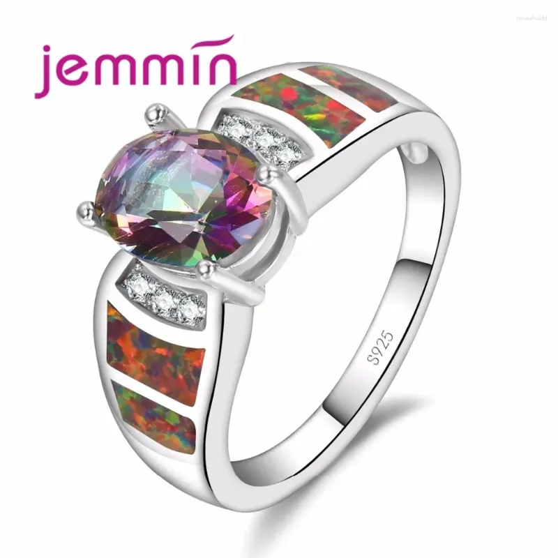 クラスターリングファインJuxury Rainbow Fire Opal Ring for Women Engagement S925 Sterling Silver 6 Micro Clear White Crystal Bijoux with bi