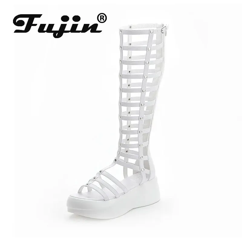 Boots Fujin 2022 Roman Sandals Femmes Chaussures Plateforme Mid Calf Boots Boots Femme Platform Talons 6 cm Sandales à talons d'épaisseur Zip