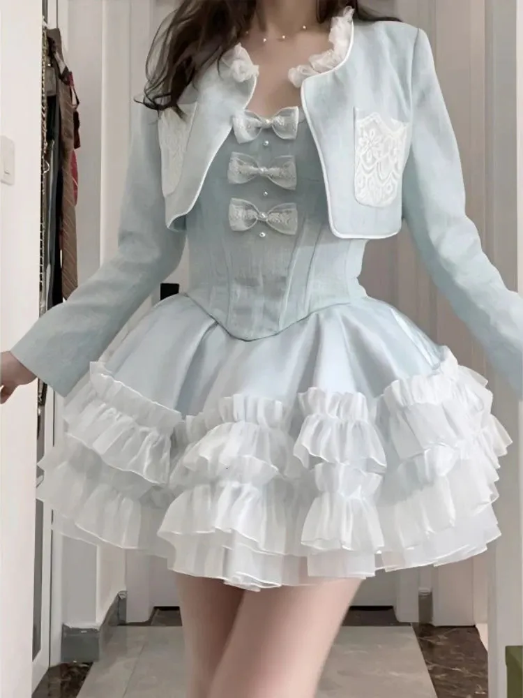 Bleu doux Kawaii deux pièces ensemble femmes été Sexy élégant fête Mini robe costumes femme Lolita mignon robe à manches longues manteau 240315