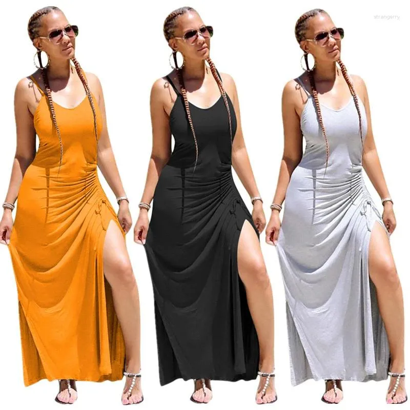 Casual Dresses Summer Women Spaghetti Strap High Slit Pleated BodyCon Dress Chic Maxi Sleeveless Nightclub Beach Clothing