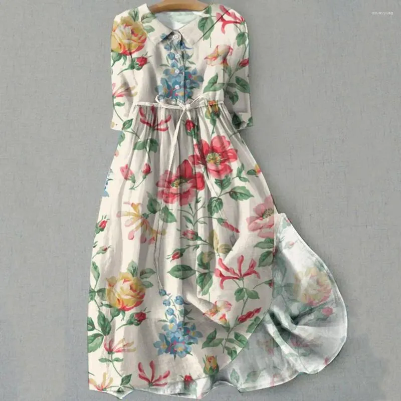 Sukienki imprezowe sukienki Button-Up Bohemian Floral Print midi z koronkowymi detalami A-line sylwetka dla kobiet
