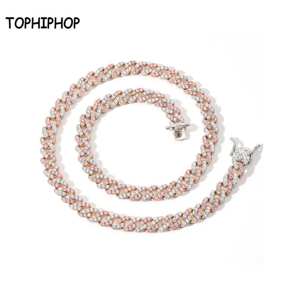 Hip Hop Necklace 9mm Single Row Pink White Zircon Cuban Chain Male And Female Hiphop Accessories Chains322q