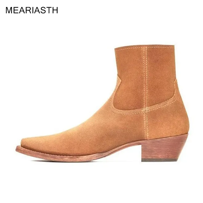 Schoenen meariasth mode luxe handgemaakte chelsea laarzen mannen echt suede lederen laarzen Britse stijl ritssluiting enkel schoenen high top med hiel