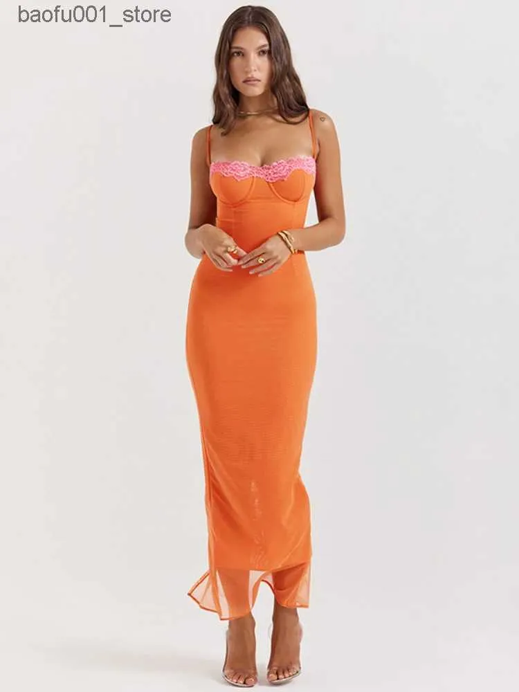 Vestidos casuais básicos Laxsesu vestido de renda sem alças espaguete alça de ombro malha laranja elegante e sexy festa noite 2024 mulheres longas Q240322