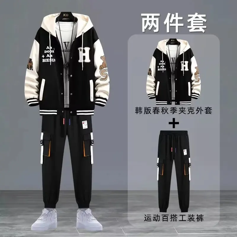 Spring and Autumn Men Outfit Set Korean Fashion Clothes Black Sweat Pants Hoodie Sweatsuit 2 Piece Daily Tracksuit 240312