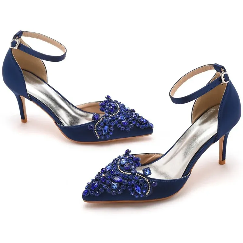 Сандалии с ремешком для вечеринок, шелковые туфли со стразами, 7 см, формальные модельные туфли на каблуке с пряжкой и ремешком, темно-синие танцевальные женские туфли 240312