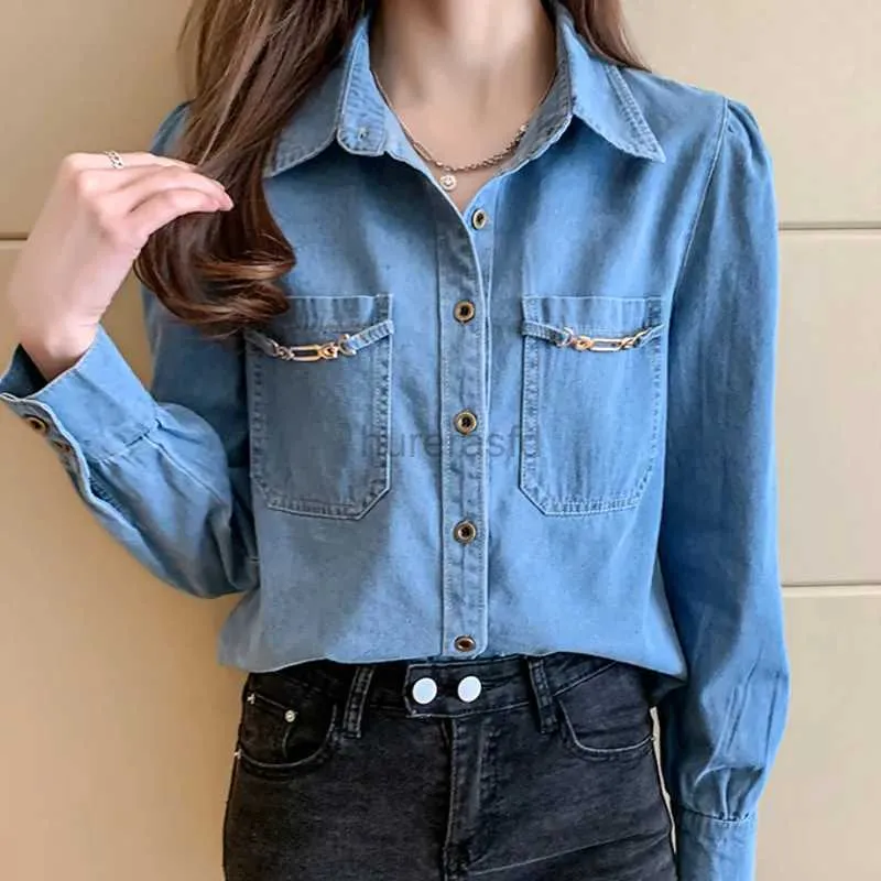 Kvinnors t-shirt WXW3117 Spring och Autumn Blue Coat Denim Shirt Womens Långärmade jeans Kvinnor Slim Fit Pocket Short Sleeved Top och Top 240323