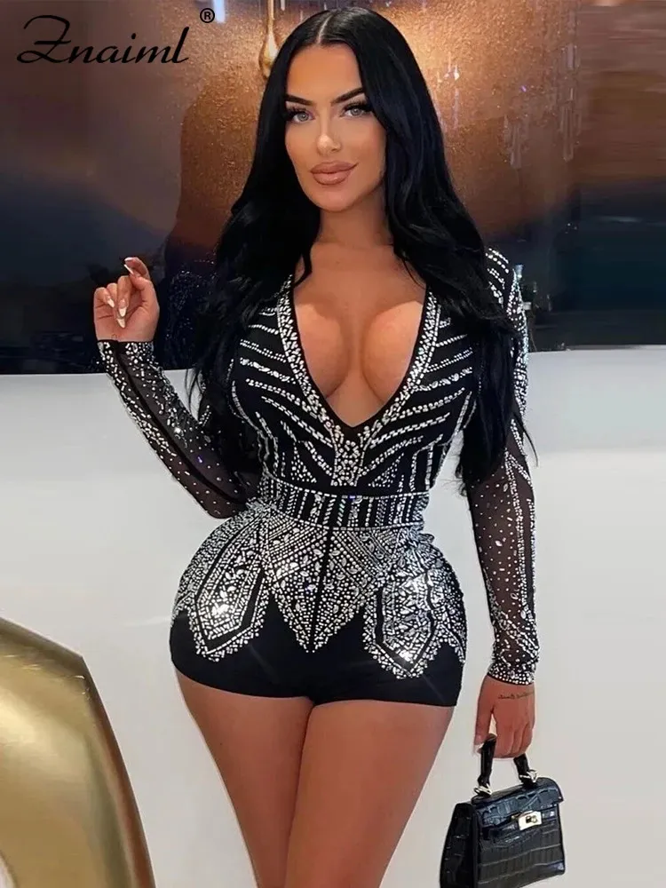 Znaiml Luxury Sequin Rhinestone Rompers Womens Long Sleeve Black Short Jumpsuit Overalls Night Club Birthday Outifts240321