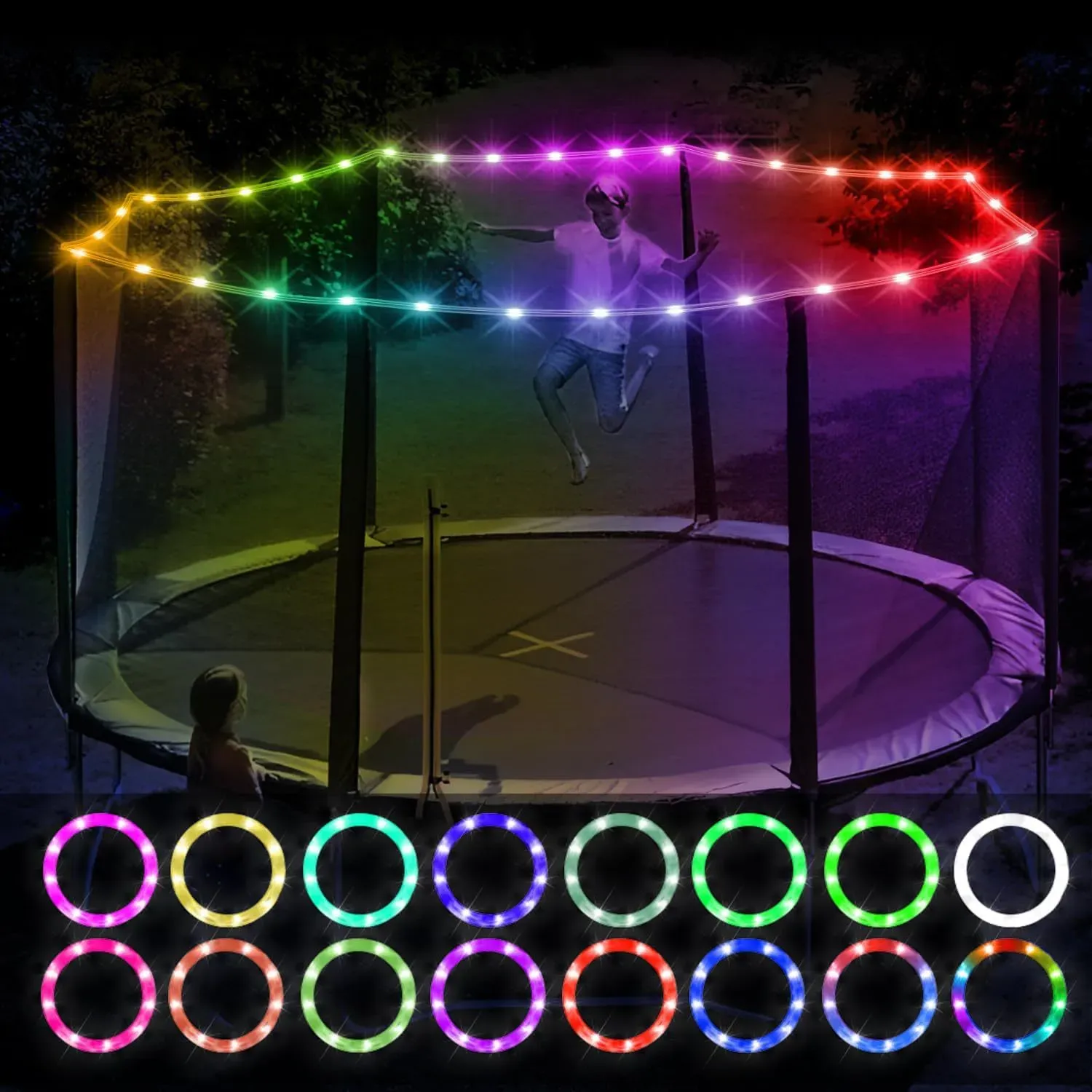 Party Favor RGB16 couleur 12m 100lampes LED trampoline lumière LED boîte de batterie étanche extérieur trampoline atmosphère lumière anneau de jeu