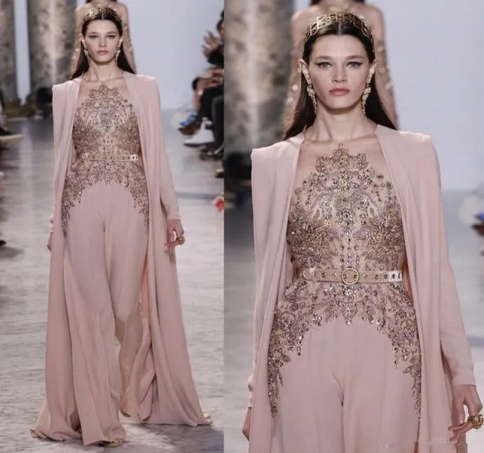 2020 Novo Elie Saab Vestidos de Noite Mangas Compridas Sheer Jewel Decote Frisado Vestidos de Noite Chiffon Vestido Formal 20796344931