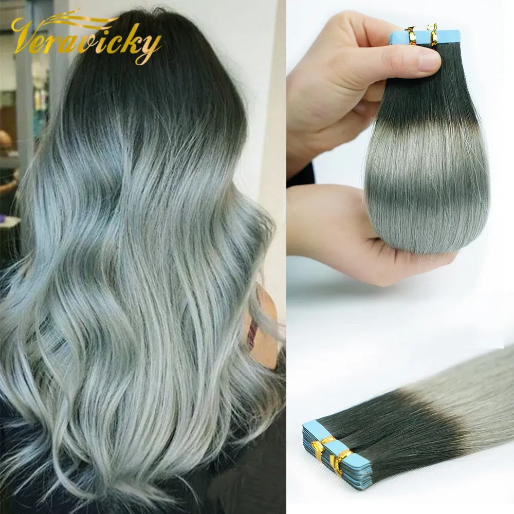 Extensions Veravicky Balayage Ombre T1BGrey Couleur 50G Tape in Extensions Cheveux Humains Machine Remy Peau Trame Extensions de Cheveux Naturels Tape in