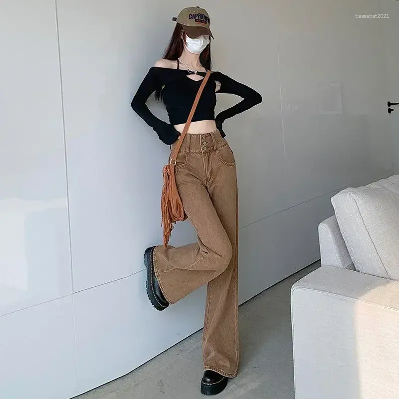 Jean femme pantalon marron pour femme évasé taille haute S pantalon cloche bas évasé Gyaru jambe large Hippie mode coréenne Emo A