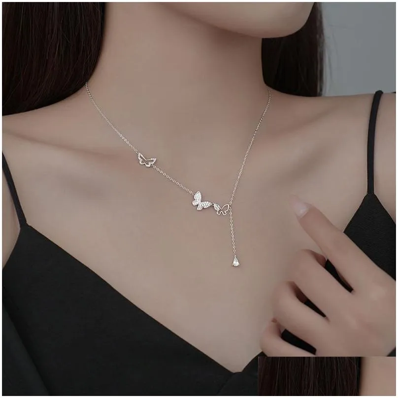 925 sterling silver hollowed out diamond butterfly tassel necklace for womens personalized collarbone chain wedding jewelry