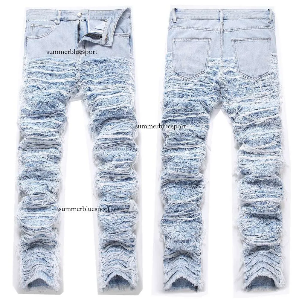 Joint Trendy Heavy Industry staplade byxor med TASSEL -broderier, klippt trasig päls, skägg, lösa hem jeans för män