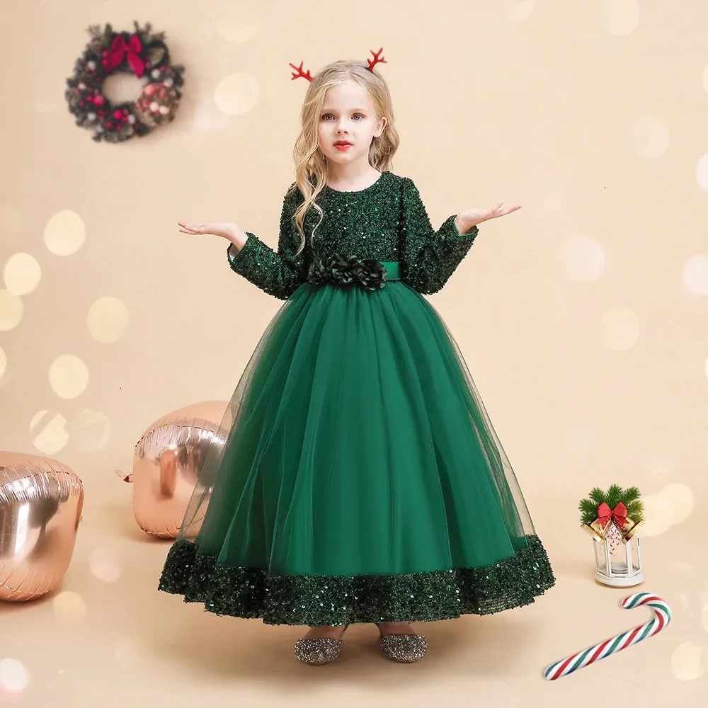Robes de Noël vertes pour filles hiver à manches longues enfants fête princesse Costume 414 ans paillettes solide élégant robes de noël 240318