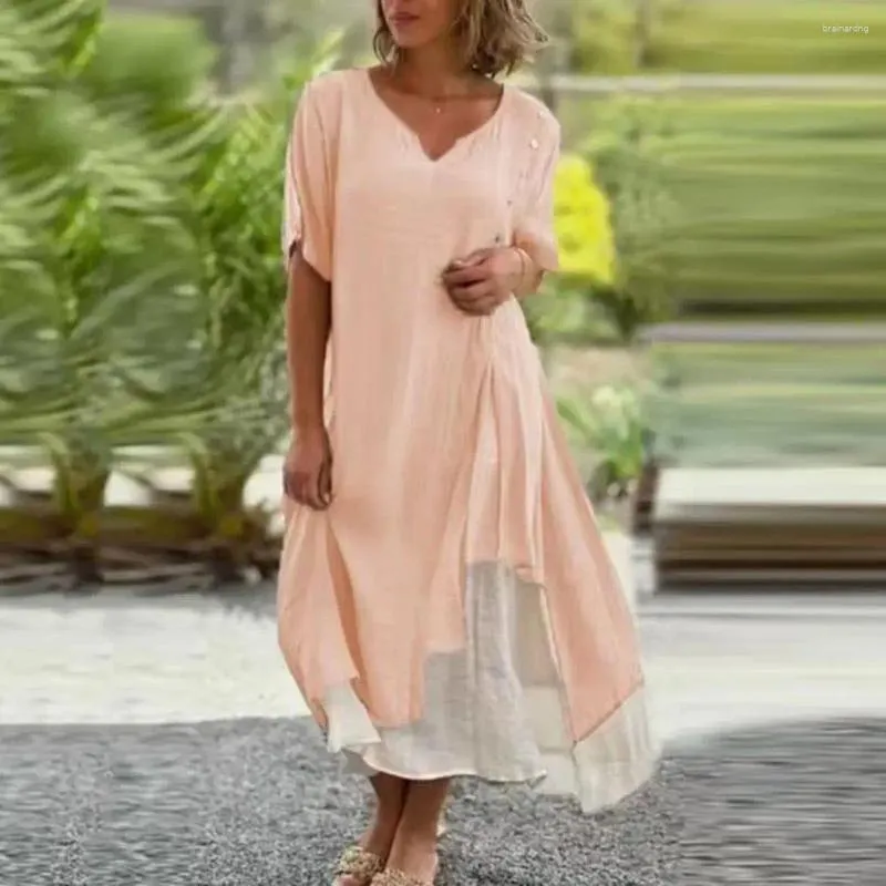 Casual Dresses Women Dress Stylish Women's Midi With V Neck Button Decor Two-piece Contrast Color Design Soft For Mid-calf