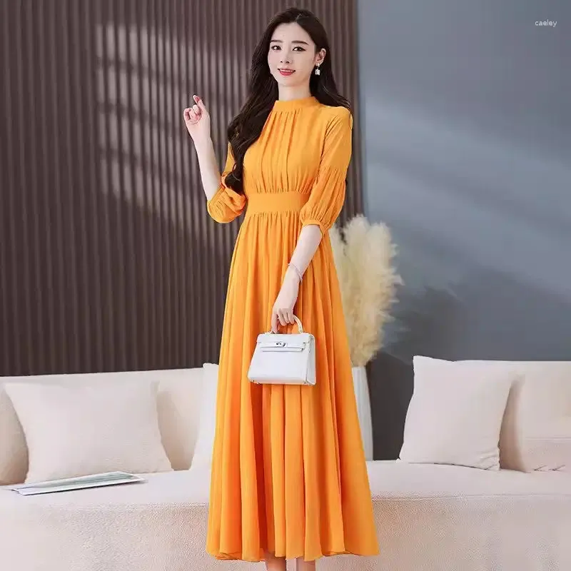 Casual Dresses Tourism Dress For Women 2024 Spring Summer Fashion 3/4 Sleeve Elegant French Beach Vacation Chiffon Slim Long K346