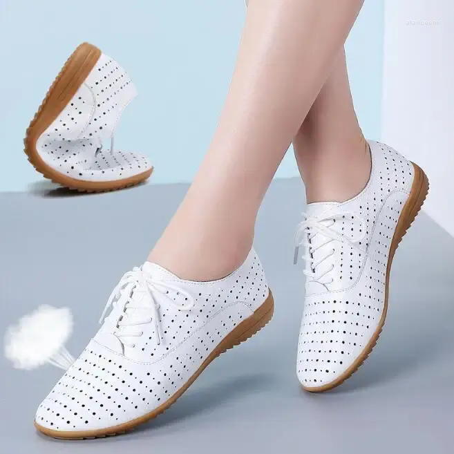 Casual Shoes 2024 Spring Women Oxford Ballerina Flats äkta lädermockasin Lace Up Loafers White 36-41