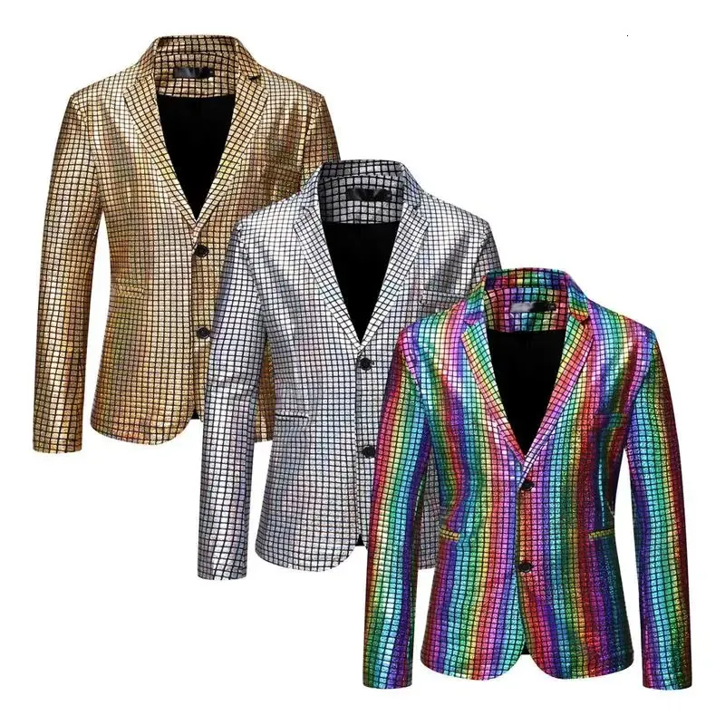 Blazer con paillettes Giacca con paillettes lucide Abiti di Halloween Blazer a due bottoni Tuxedo Disco Glitter Party Blazer per uomo Cena 240313