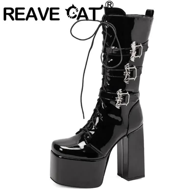 Boots REAVE CAT Ladies Goth Boots Square Toe Block Super High Heel 14.5cm Platform Hill 7.5cm Zipper Lace Up Big Size 44 45 46 Street