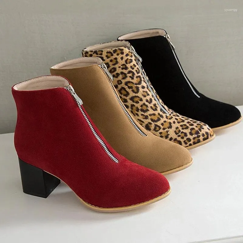 Laarzen Dames Enkel Klassiek Ritssluiting Aan de voorkant Puntschoen Herfst Winter Suede Dames Grote maat Mode Schoenen Luipaardprint Zwart