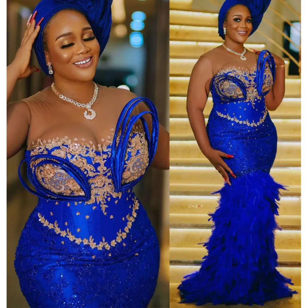 Blue Lace Beaded Mermaid Feather Prom Dress For Arabic Aso Royal Ebi ...