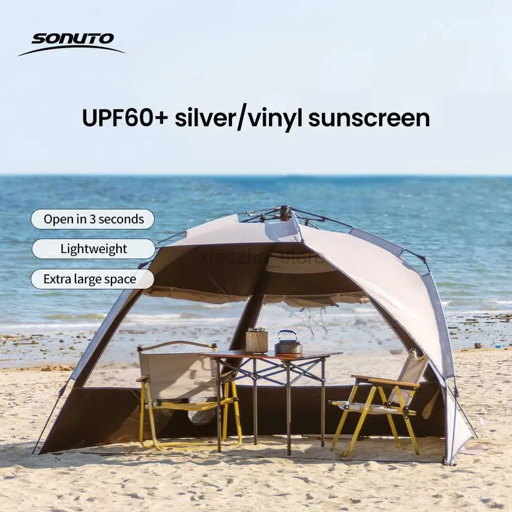 Tendas e abrigos Sonuto Outdoor 3-4P One-Touch Camping Tent Quick Automatic Opening Beach Fishing Tent Family Travel Picnic Park Anti-UV Shade 240322