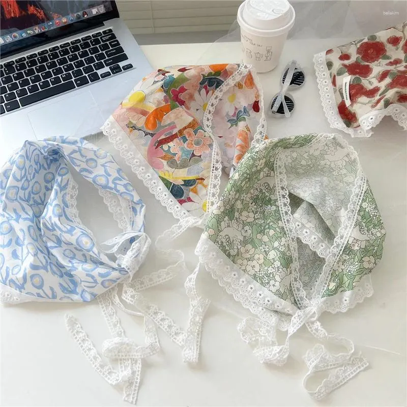 Scarves Linen Cotton Lace Triangle Scarf For Girl Floral Sunscreen Headscarf Small Shawls Ladies Hair Headband Office Neckerchief