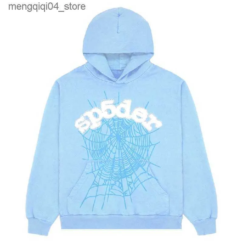 Herrtröjor tröjor mens 2023 ny himmel blå sp5der hoodie män kvinnor 1 hip hop ung thug spindel värld bred 555555 tryck pullover hoody ljus q240322