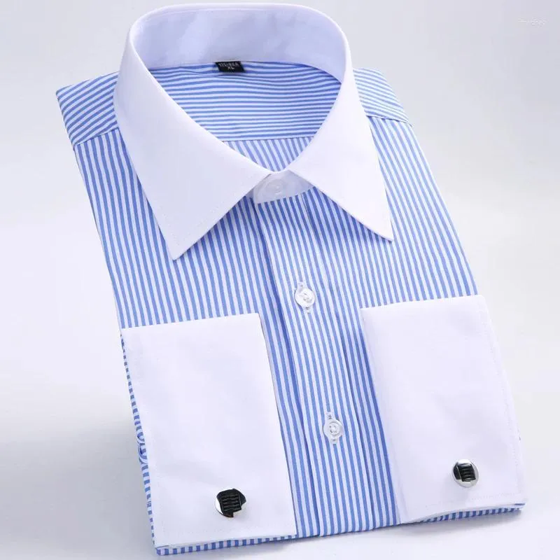 Camisas masculinas clássicas com punhos franceses, camisa listrada com bolso único, ajuste padrão, manga comprida, casamento (abotoaduras incluídas)