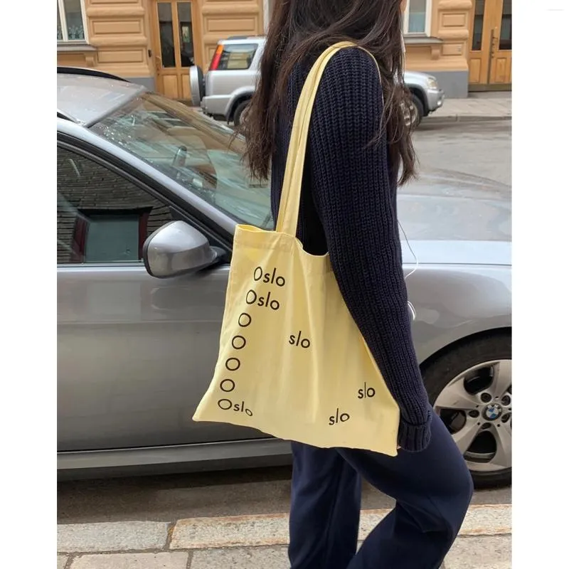 Evening Bags Fresh Simple Cream Yellow Shoulder Canvas Bag Letter Cloth Large Capacity Casual Shopping Handbag