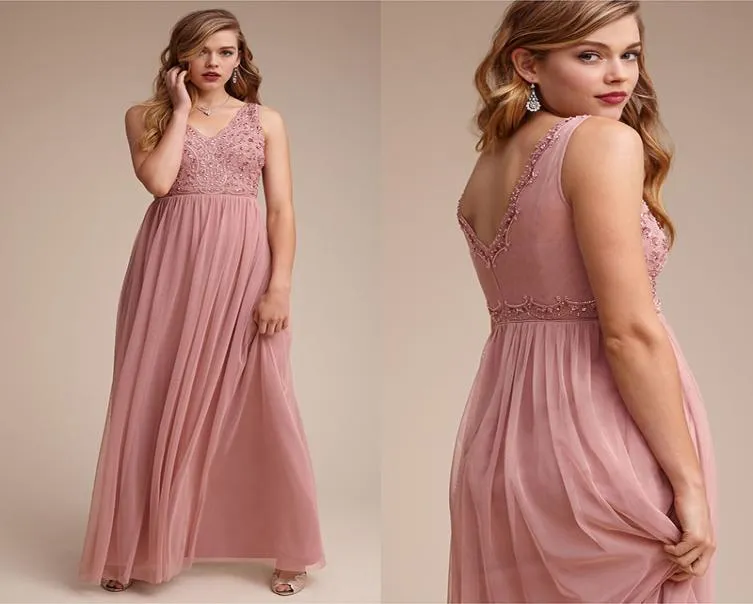 Nyaste rodnad rosa brudtärna klänningar 2021 V nack ärmlös en linje kristallpärlad formell brudtärna klänning lång för bröllop3589286