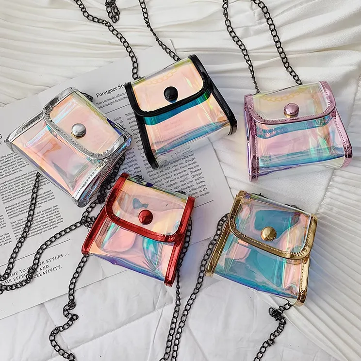 Children transparent jelly handbags girls metals chain single shoulder bag fashion kids square crossbody bags Z3381