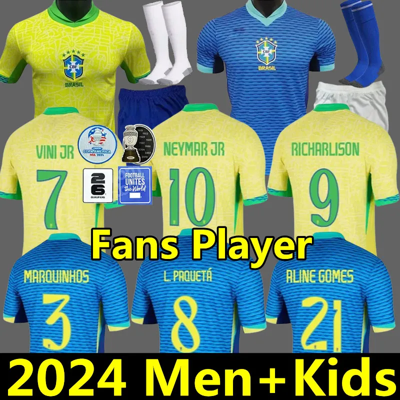 2024 브라질 브라질 축구 유니폼 Neymar Vini Jr Paqueta Richarlison Casemiro G. Jesus T. Silva Bruno 25 25 국가 축구 셔츠 어린이 키트 저지 팬 플레이어