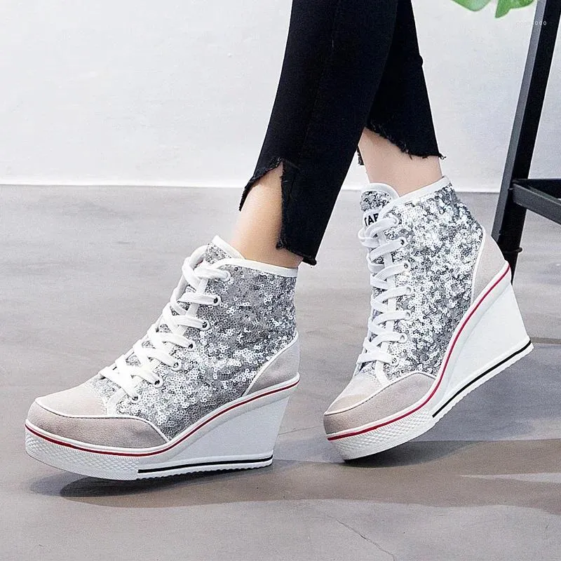 Casual Shoes 2024 Korean Edition 8cm High Rise Wedge With Sequin Lace Up Matsuke Sole Fashion Thick Top