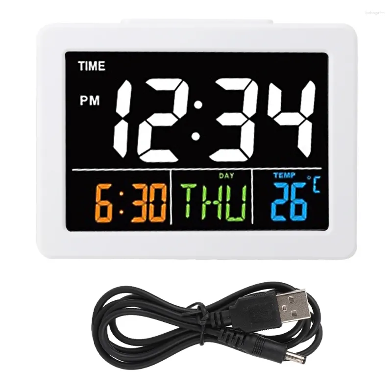 Orologi da parete Studio Allarme digitale Display LCD bianco Data Orologio elettronico da scrivania per uso domestico Scuola Camere da letto per bambini Ufficio