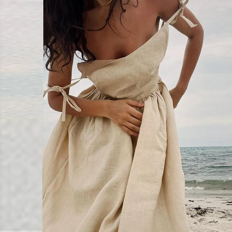 Robes décontractées Sexy col en V profond dos nu solide robe longue femmes élégantes bretelles sans manches plage été coton lin plissé fête