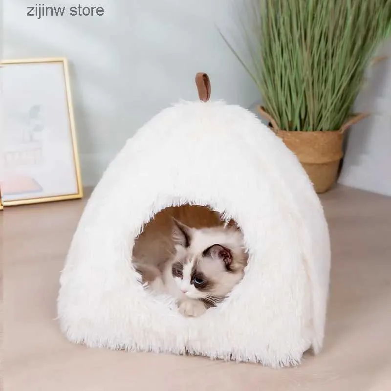 Cat Beds Furniture Long Plush Pet Cat Bed With Zipper Removable Cat Litter Sleeping House Winter Warm Small Dog Kennel Y240322