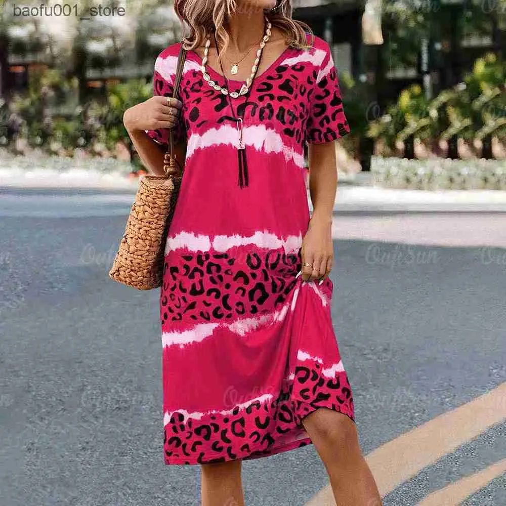 Grundläggande avslappnade klänningar Kvinnklänning Leopardtryck Kort ärmkläder Elegant och lös A-line skidåkning Summer överdimensionerad kvinnors semesterklänning Q240322