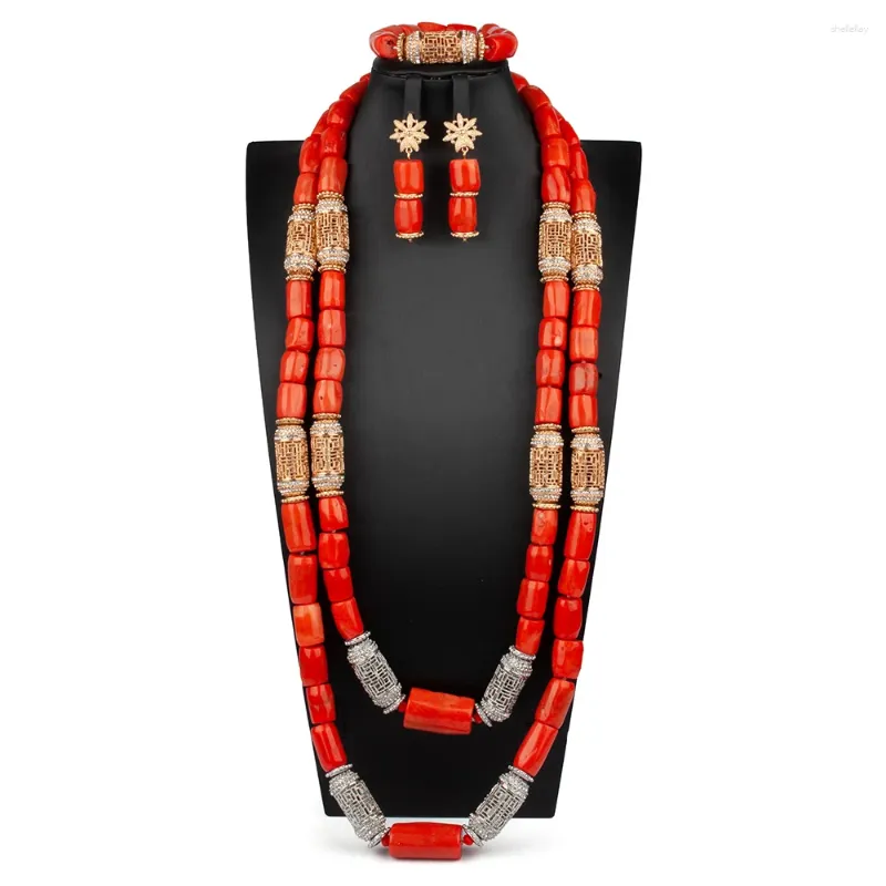 Ketting Oorbellen Set Afrikaanse Nigeria Bruiloft Natuurlijke Koraal Kraal Sieraden Mode Doub Lagen Lange Vrouwen Armband Pak ABS176