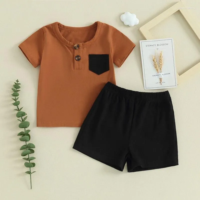 Ensembles de vêtements 0 à 3 ans pour tout-petit Boy Boy Summer Summer Round Neck Short Sleeve Bouton Top Elastic Wison Shorts 2PCS Set Born Baby Clothes