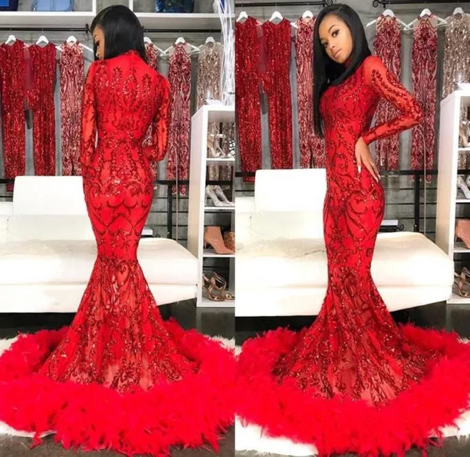 Luxury Feather Beads Sequined Red Evening Dresses Vintage Long Sleeve African Girls Pageant Prom Dress BC41265383478