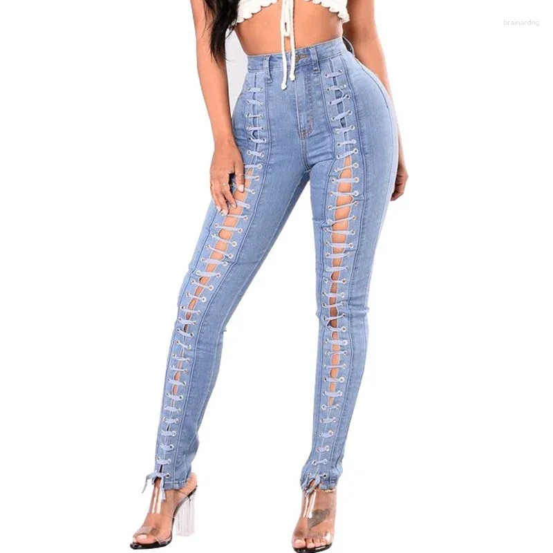 Jean femme évider mode solide Sexy décontracté crayon maigre 2024 femme taille haute extensible à lacets mince Denim pantalon