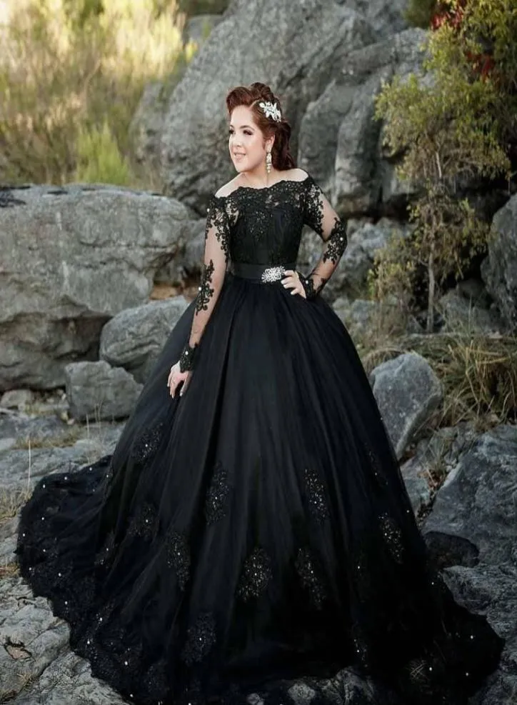 Abiti eleganti Quinceanera vintage in rilievo di pizzo nero maniche lunghe abito da ballo in tulle abiti da sera per feste dolci 16 abiti da ballo8412432