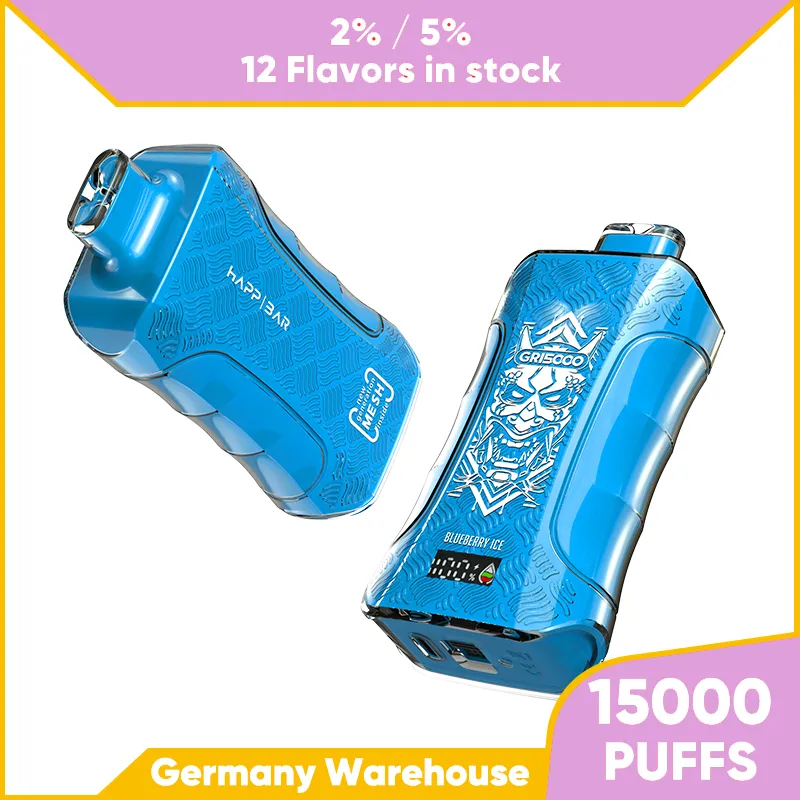 EU Warehouse Original 15000 puffs engångsvapen Happ Bar Electronic Cigarette Vape Pen Raddningsbart luftflöde justerbara 16 ml disponibla ångor