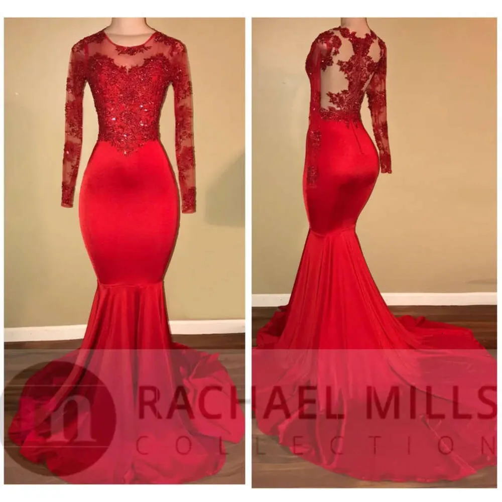 Sheer Prom Mütevazı Elbiseler Denizkızı Aplike Seketli Afrika Siyah Kızlar Uzun Kollu Akşam Ünlü Elbise Kırmızı Halı Elbise