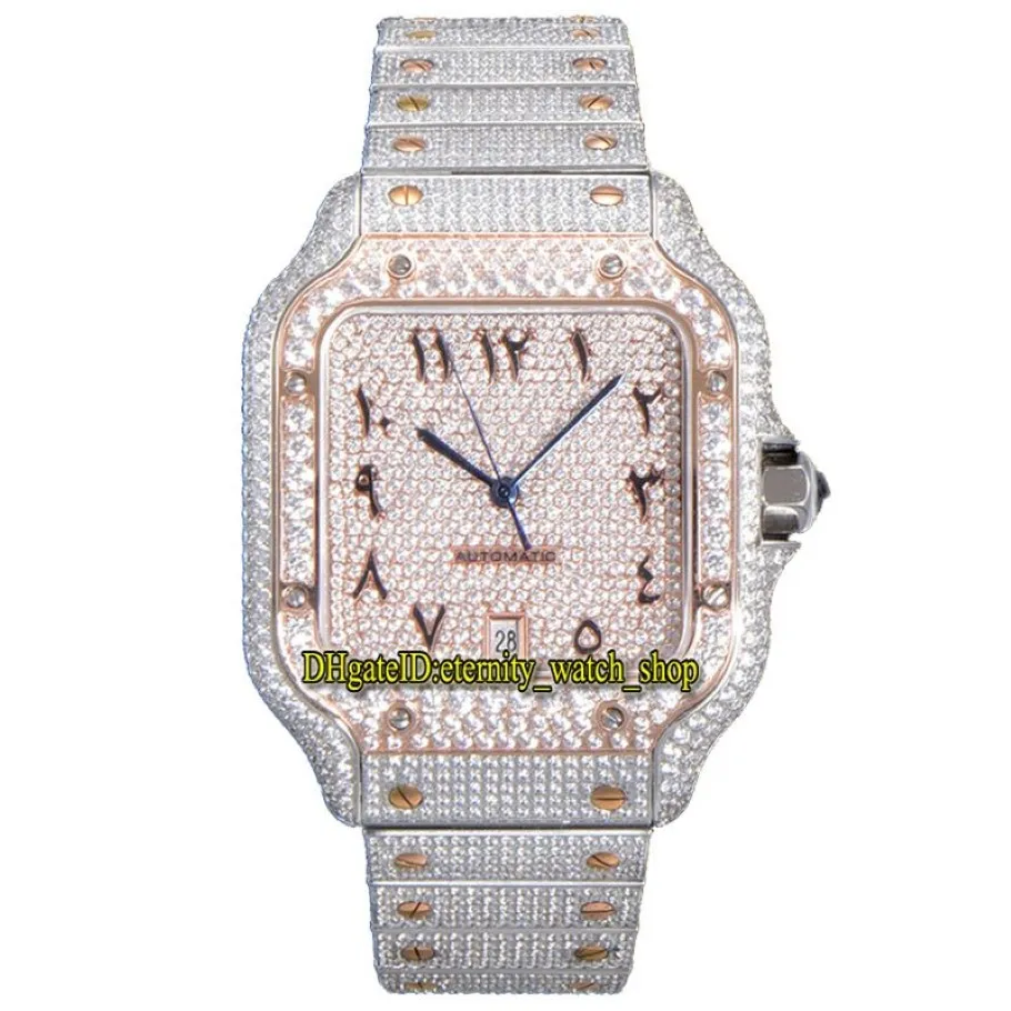 2022 TWF GA0018 Diamantes pavimentados ETA A2824 Reloj automático para hombre Totalmente helado Diamante Dos tonos Oro rosa Dial árabe Interruptor rápido S215a