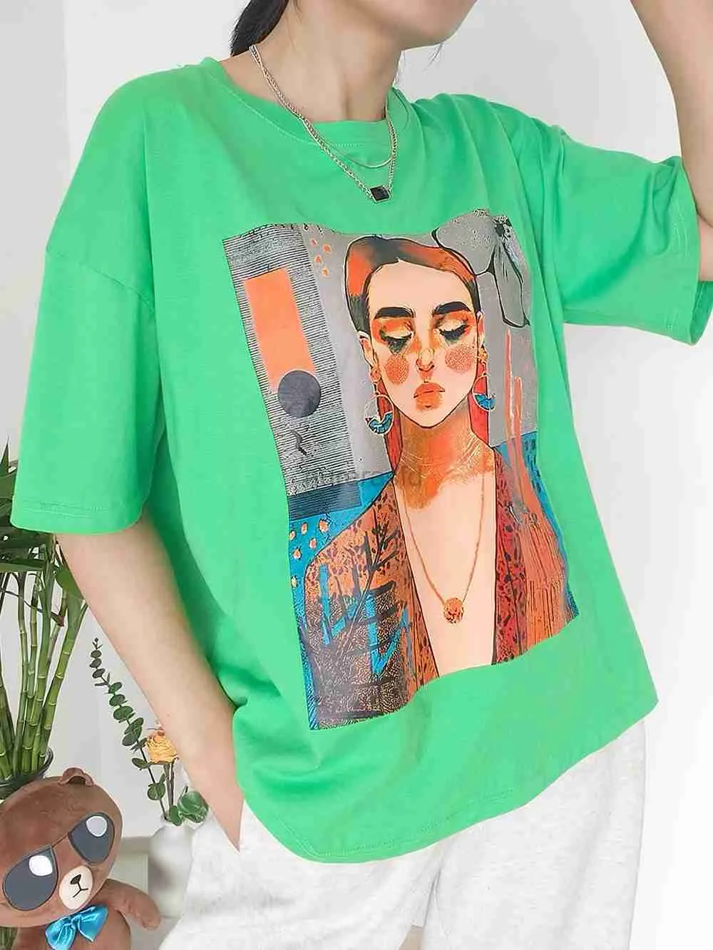 Women's T-Shirt Pink cotton T-shirt womens oversized 2024 loose soft comic print summer T-shirt green simple basic womens short sleeved T-shirt 240323