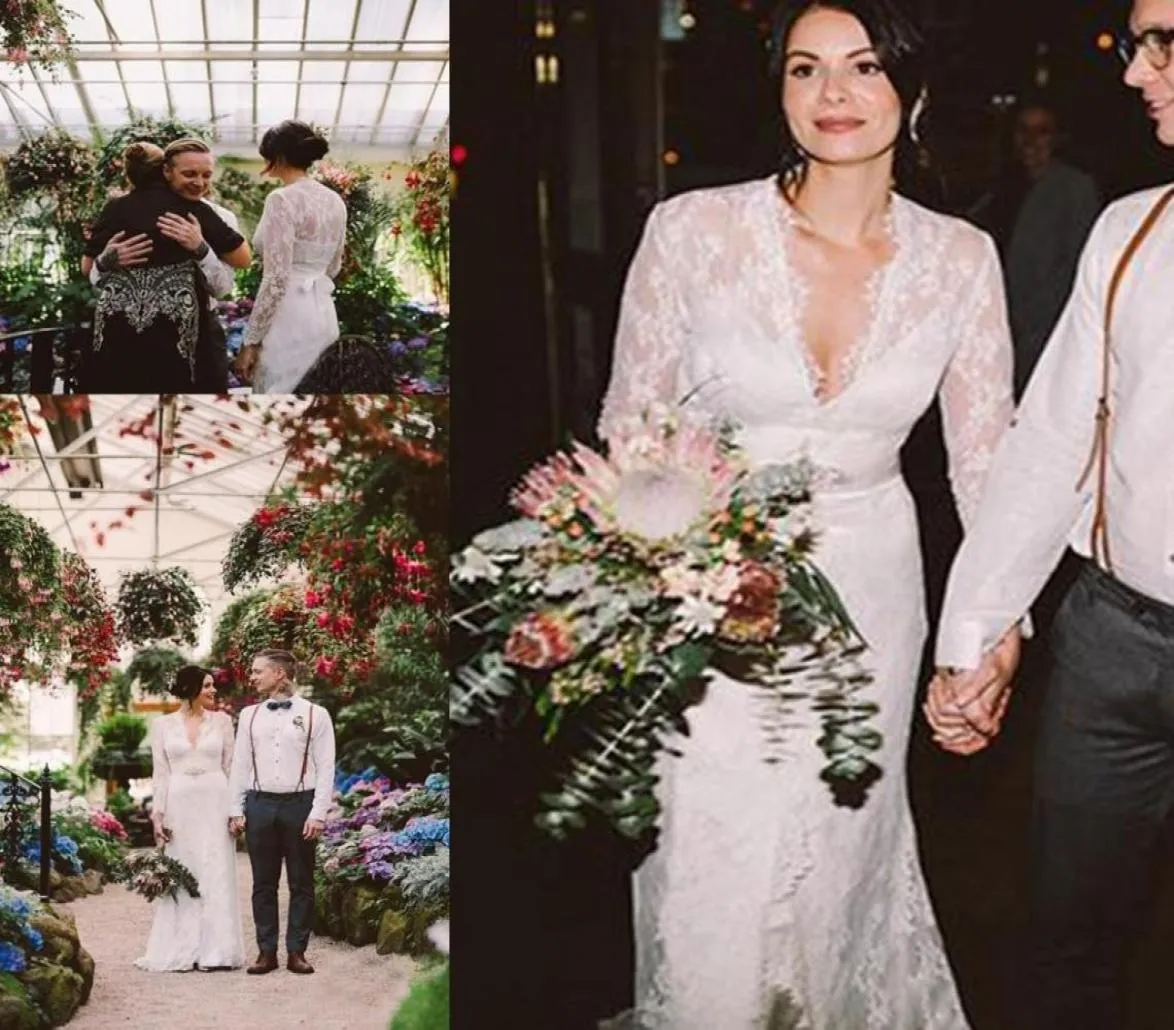 2020 Boho Lace Country Garden Bridal Gowns Deep v Neck Lengeves Sheath Wedding Dresses Floor Length Plus Lobes de Mariee 2899524
